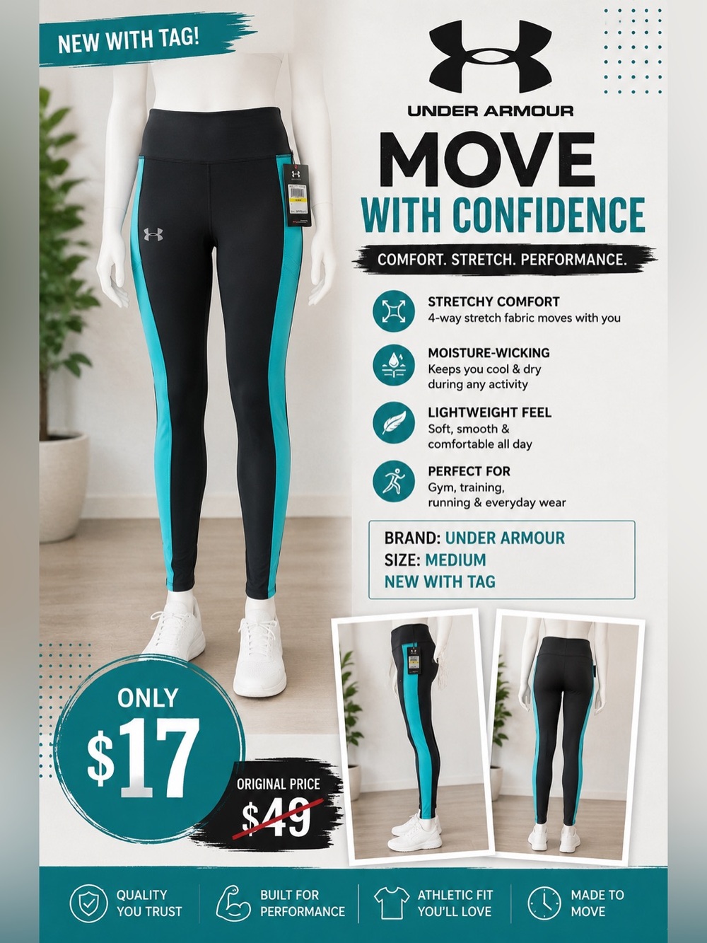 Under Armour Black Leggings with Teal Side Panels